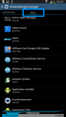 Samsung Galaxy Smartphone bis Android 5.x, Vorinstallierte Apps aktivieren/deaktivieren, Schritt 2, installierte Apps öffnen. Reiter Alle