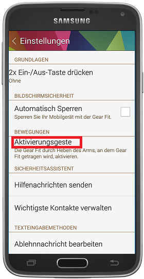 Wie richte ich die Aktivierungsgeste meiner Gear Fit ein