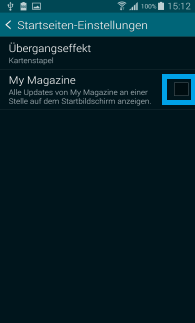 Samsung Galaxy S5, Deaktivierung von My Magazine auf dem Startbildschirm, Schritt 3, My Magazine Häckchen entfernen
