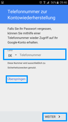 Samsung Smartphone, Google Konto einrichten, Schritt 7, Telefonnummer zur Kontowiederherstellung hinterlegen