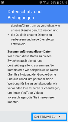 Samsung Smartphone, Google Konto einrichten, Schritt 8, Datenschutzbestimmungen zustimmen