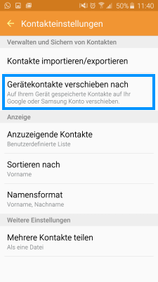 Samsung mobile, Daten mit Google-Konto sichern, Konten zusammenführen, Schritt 2, Gerätekontakte verschieben