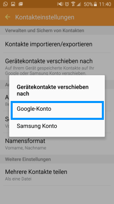 Samsung mobile, Daten mit Google-Konto sichern, Konten zusammenführen, Schritt 3, Konto auswählen