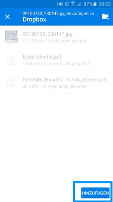 Tippen Sie abschliessend auf HINZUFÜGEN und die Datei wird hochgeladen