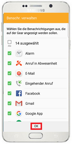 Wählen Sie als nächstes aus, von welchen Apps Sie Benachrichtigungen auf der Smartwatch empfangen möchten und bestätigen Sie Ihre Auswahl zum Schluss mit «OK»