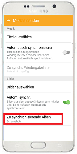 Bilder von Mobilgerät auf Gear S2/Gear S2 Classic übertragen, zu synchronisierende Alben