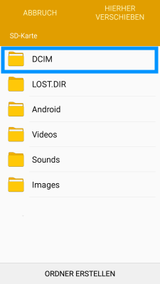 Samsung Smartphone, Speichern von Daten von internen Speicher auf SD-Karte, Schritt 8, Speicherort auf SD-Karte auswählen (DCIM)