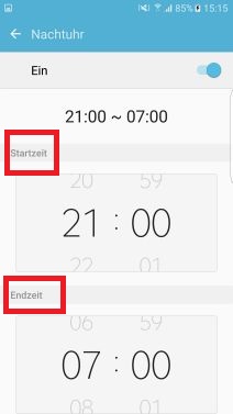 Nachtuhr auf Samsung S7 aktivieren, Starzeit und Endzeit