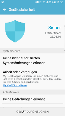 Samsung Galaxy Smartphone, Funktonalitäten Smart Manager, Gerätesicherheit