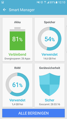 App-Optimierung Funktion auf Samsung Galaxy, verbleibende Akku-Laufzeit