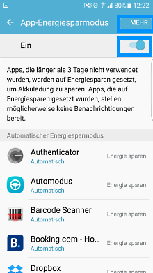 App-Optimierung Funktion auf Samsung Galaxy, Energiesparverzögerung