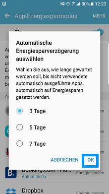 App-Optimierung Funktion auf Samsung Galaxy, Dauer der Energiesparverzögerung