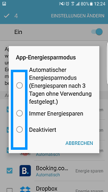 App-Optimierung Funktion auf Samsung Galaxy, Optionen