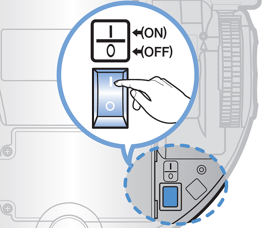 Samsung Saugroboter POWERbot VR9200, Ersteinrichtung, ON/OFF-Schalter des Saugroboters auf ON-Position stellen