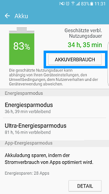 Samsung Smartphones/Tablets Akkunutzung einsehen, Schritt 4, Akkuverbrauch auswählen