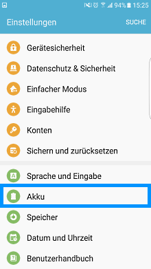 Samsung Smartphones/Tablets Akkunutzung einsehen, Schritt 2, Akku auswählen