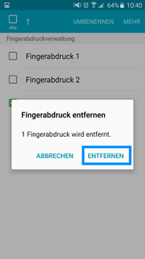 Samsung Galaxy S6 (edge/edge+), Fingerabdrücke löschen, Schritt 7, Fingerabdrücke entfernen bestätigen