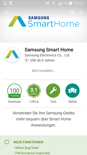 Die Anwendung Samsung Smart Home wird auf Ihrem Mobilgerät installiert