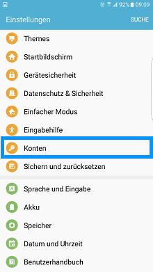 Samsung Smartphone, Konto einrichten oder anmelden, Schritt 2, Konten auswählen