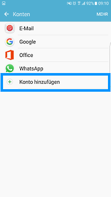 Samsung Smartphone, Konto einrichten oder anmelden, Schritt 3, Konto hinzufügen