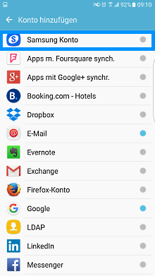 Samsung Smartphone, Konto einrichten oder anmelden, Schritt 4, Samsung Konto auswählen
