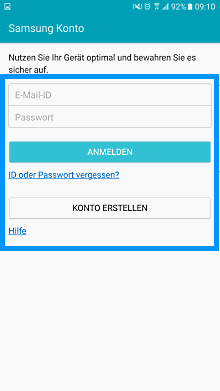 Samsung Smartphone, Kontoanmeldung, Schritt 5, E-Mail und Passwort eingeben