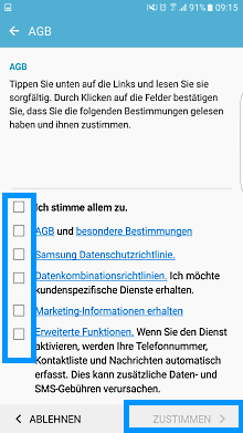 Samsung Smartphone, Kontoeinrichtung, Schritt 6, Bestimmungen nd Richtlinien zustimmen