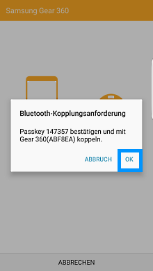 Smartphone mit Samsung Gear 360 verbinden, Bluetooth Kopplungsanforderung