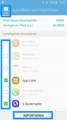 Datenübertragung von iOS zu Samsung Galaxy Smartphone mit Smart Switch, Auswahl der Inhalte zum importieren
