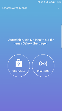 Samsung Android, Datenübertragung mit Smart Switch, Drahtlos oder USB-Kabel Verbindung auswählen