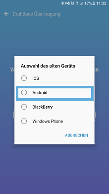 Samsung Android, Datenübertragung mit Smart Switch, Auswahl des alten Gerätes