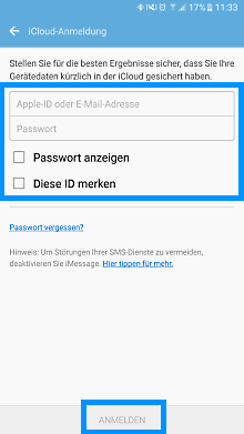 Datenübertragung von iOS zu Samsung Galaxy Smartphone mit Smart Switch, iCloud Anmeldung