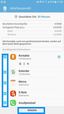 Samsung Android, Datenübertragung mit Smart Switch, Inhaltsauswahl zur Datenübertragung