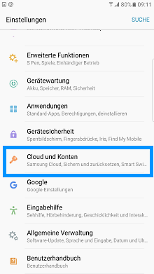 Samsung Smartphone, Samsung Cloud, Nutzung der Funktionalitäten, Schritt 1, Cloud und Konten auswählen