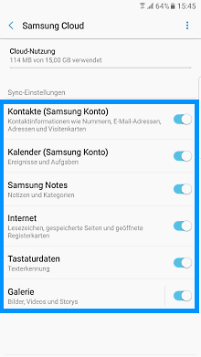 Samsung Smartphone, Samsung Cloud, Nutzung der Funktionalitäten, Schritt 3, Kontakte-Kalender-Samsung Notes-Internet-Tastaturdaten-Galerie auswählen
