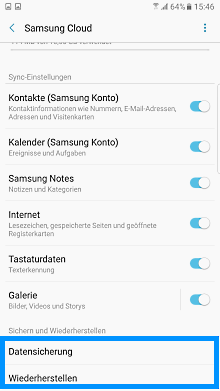 Samsung Smartphone, Samsung Cloud, Nutzung der Funktionalitäten, Datensicherung und Wiederherstellen auswählen