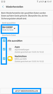 Samsung Smartphone, Samsung Cloud, Nutzung der Funktionalitäten, Auswahl von Daten und Gerät dessen Daten wiederhergestellt werden sollen