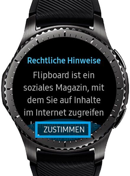 Samsung Gear S3 Flipboard verwenden, rechtliche Hinweise, zustimmen