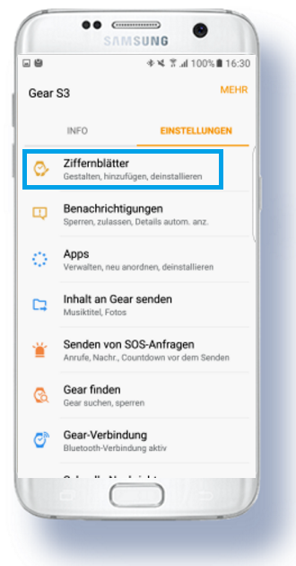 weitere Apps für Samsung Gear S3 herunterladen, Einstellungen der Ziffernblätter