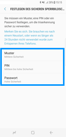Sollten Sie noch keine Bildschirmsperrmethode eingerichtet haben werden Sie jetzt gebeten diese einzurichten