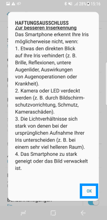 Ihnen der Haftungsausschluss und Tipps zur richtigen Nutzung der Iriserkennung angezeigt