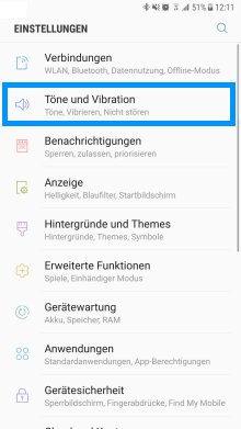 Samsung Galaxy Smartphone, Klingelton anpassen, Schritt 1, Einstellungen, Töne und Vibrationen auswählen