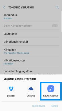 Samsung Galaxy Smartphone, Klingelton anpassen, Schritt 4, Abfrage mit welcher Anwendung Klingelton auszuwählen, Option Sound-Auswahl