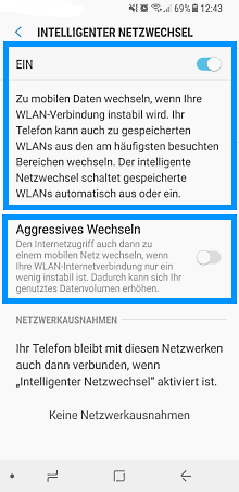 Samsung Smartphone Android 5.x und höher, intelligenten Netzwechsel aktivieren/deaktivieren, aggressives Wechseln Option