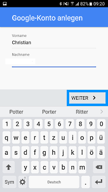 Google Account auf Samsung Galaxy A3 2017 einrichten, Google Konto anlegen, Name angeben