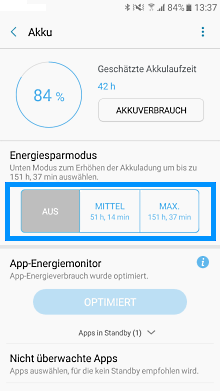 Akkulaufzeit von einem Samsung Galaxy A5 verbessern, Energiesparmodus