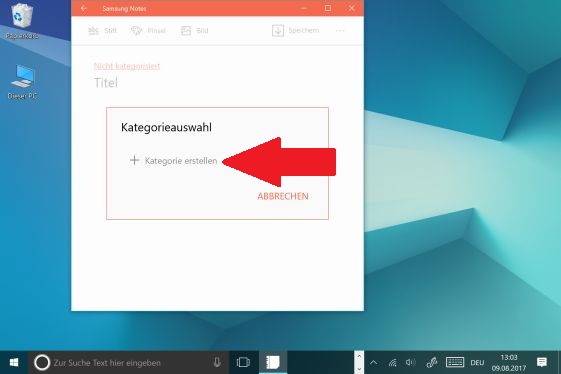 Notiz mit S Pen auf Galaxy Book erstellen, Kategorieauswahl