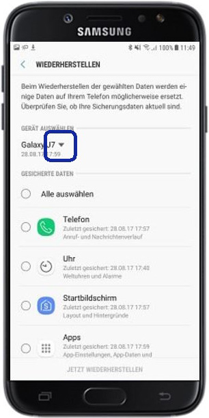 Backup aus Samsung Cloud aufspielen, Gerät