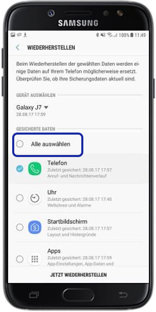Backup aus Samsung Cloud aufspielen, alle auswählen