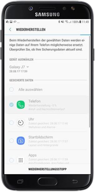 Backup aus Samsung Cloud aufspielen, Wiederherstellen des Backups